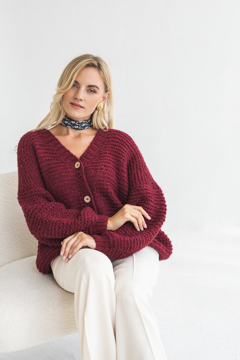 Bordeaux alpca wool cable knit cardigan with buttons, chunky knitted oversize sweater with balloon sleeves, burgundy wine jacket for women