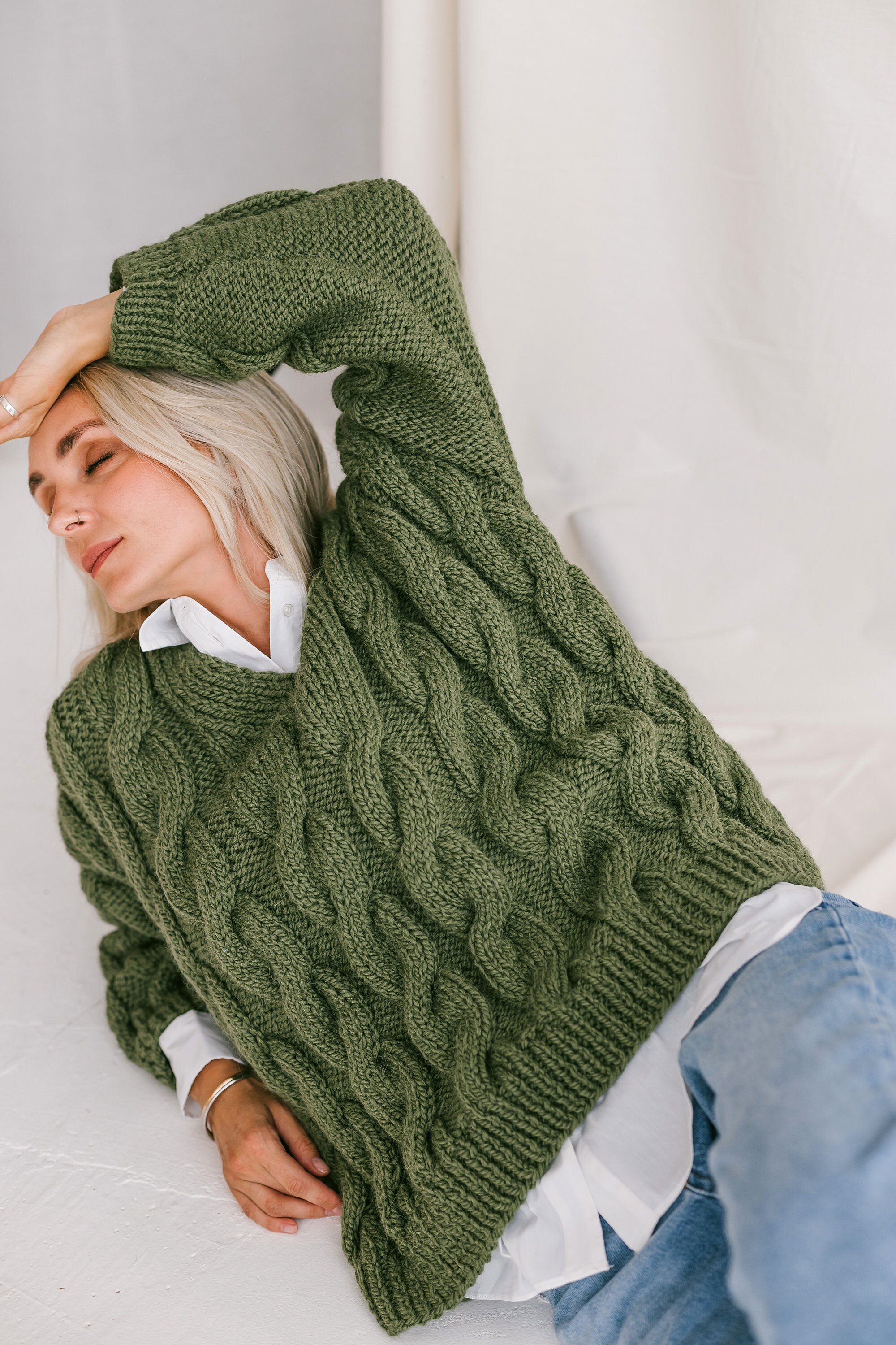 Green Oversize Alpaca Sweater, Chunky Forest Green Wool
