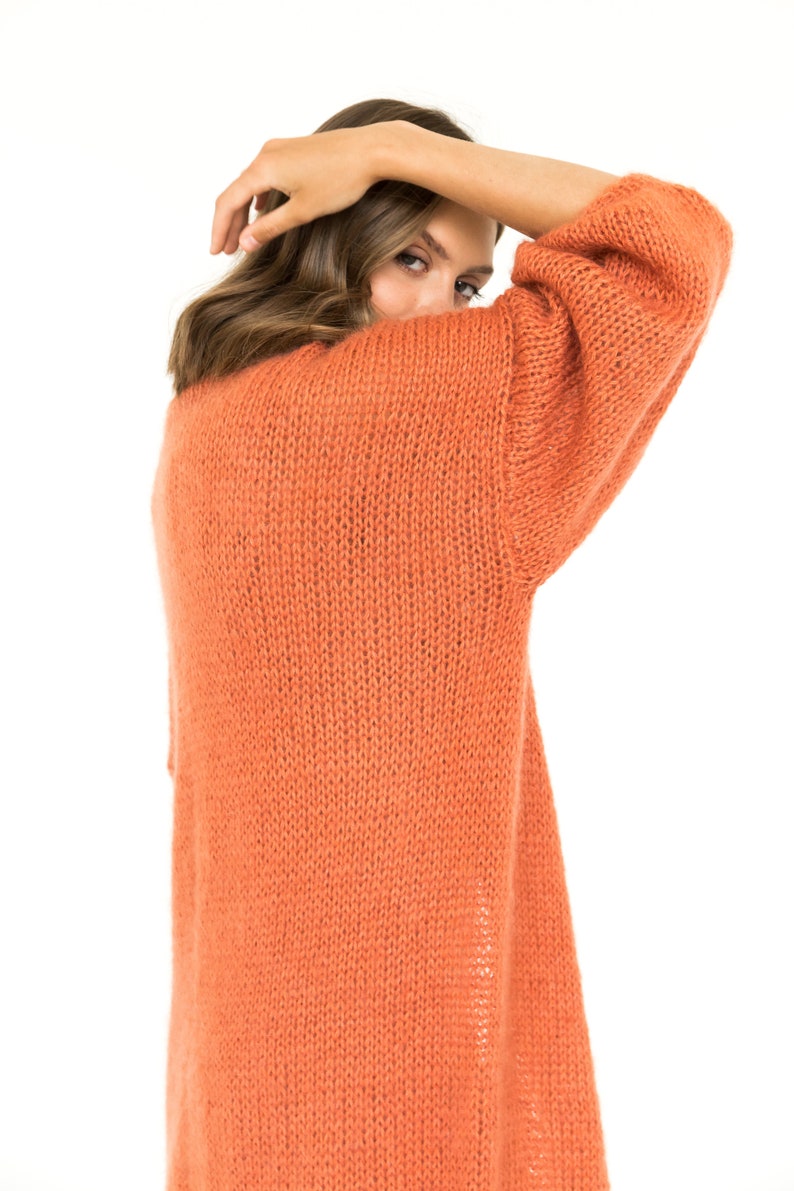 Burnt orange mohair cardigan, long cable knit sweater coat, strickjacke, chunky knit fluffy cardigan, lovely wool sweater image 5