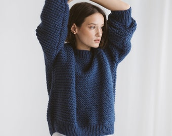 Blue Oversize Alpaca Sweater, Chunky Royal Blue Wool Sweater, Crew Neck Pullover, Cable Knit Women Pullover, Oversized Jumper