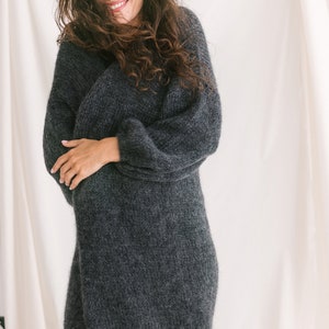 Long Dark Gray Mohair Cardigan, Chunky knit, Oversized Alpaca Wool Sweater, Fuzzy Boho Cardigan, Fluffy Grey Woman Jacket, Balloon Sleeves image 3