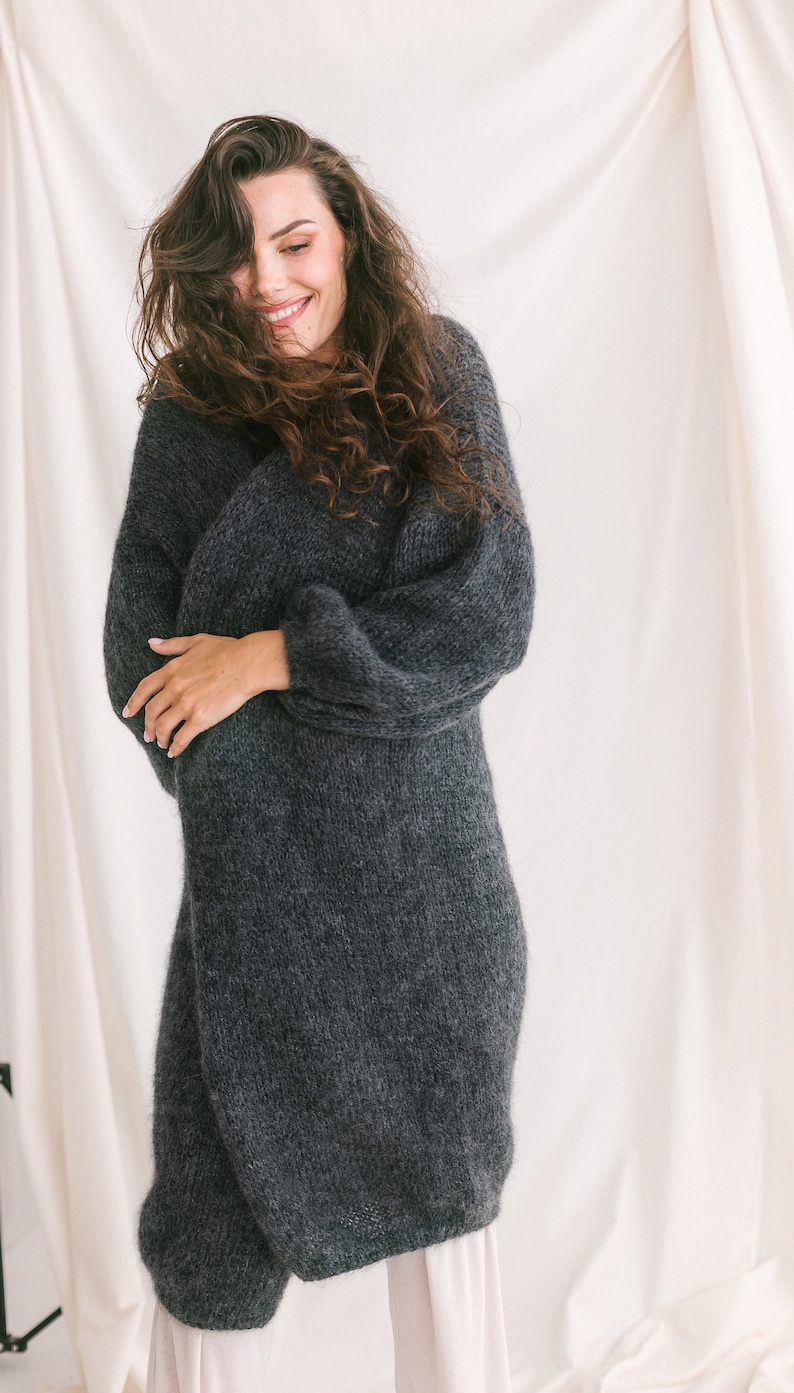 Long Dark Gray Mohair Cardigan, Chunky knit, Oversized Alpaca Wool Sweater, Fuzzy Boho Cardigan, Fluffy Grey Woman Jacket, Balloon Sleeves image 3