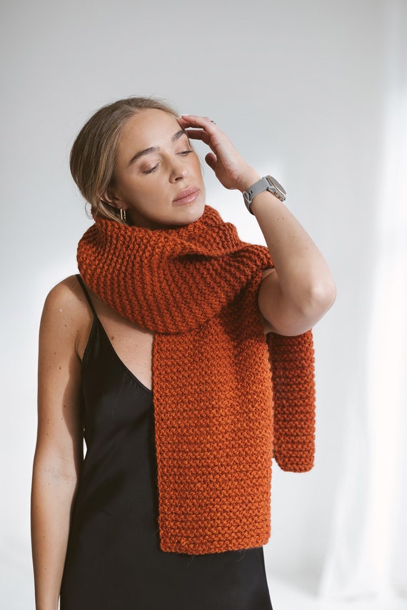 Orange Alpaca Wool Scarf, Chunky Knit Long Squash Scarf, Rust