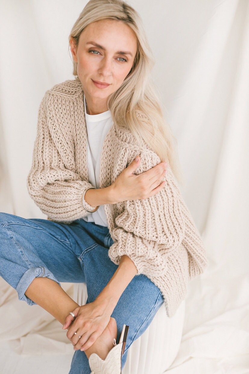 Beige Oversize Alpaca Cardigan, Chunky Fhishermans Rib