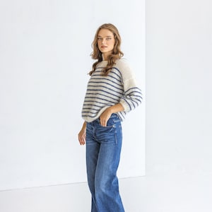 Striped white and blue mohair sweater, cable knit alpaca wool blend woman jumper, hand knitted slightly oversized pullover, fluffy mohair