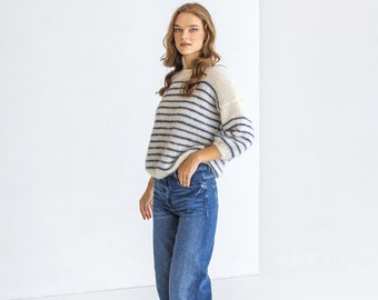 Striped white and blue mohair sweater, cable knit alpaca wool blend woman jumper, hand knitted slightly oversized pullover, fluffy mohair