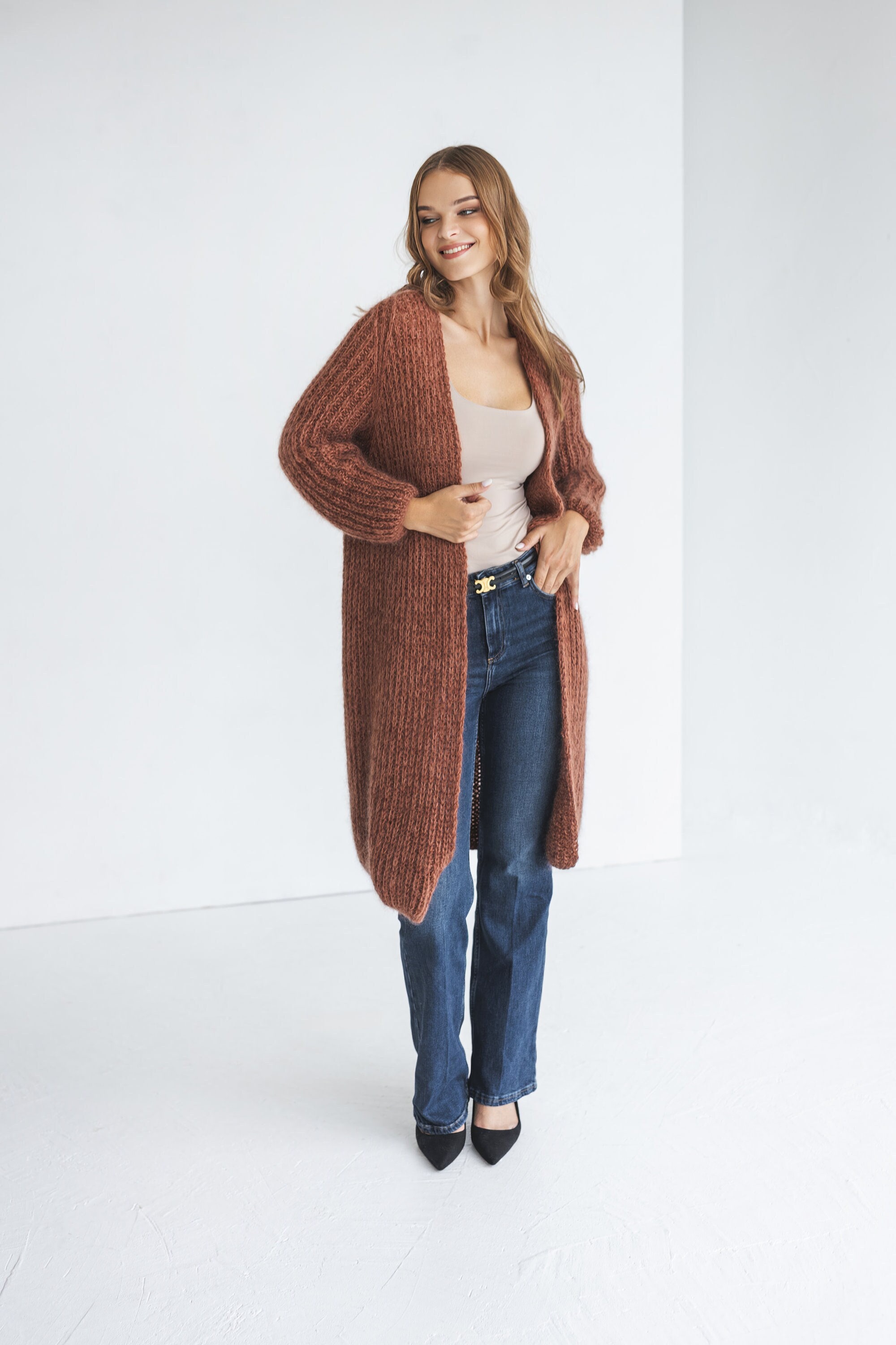 Burned Orange Long, Thick Mohair Cardigan, Rust Fluffy