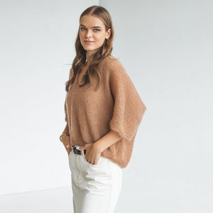 Camel brown knitted oversized mohair top, taupe almond cable knit women jumper, beige fluffy half sleeve sweater, sand lightweight blouse