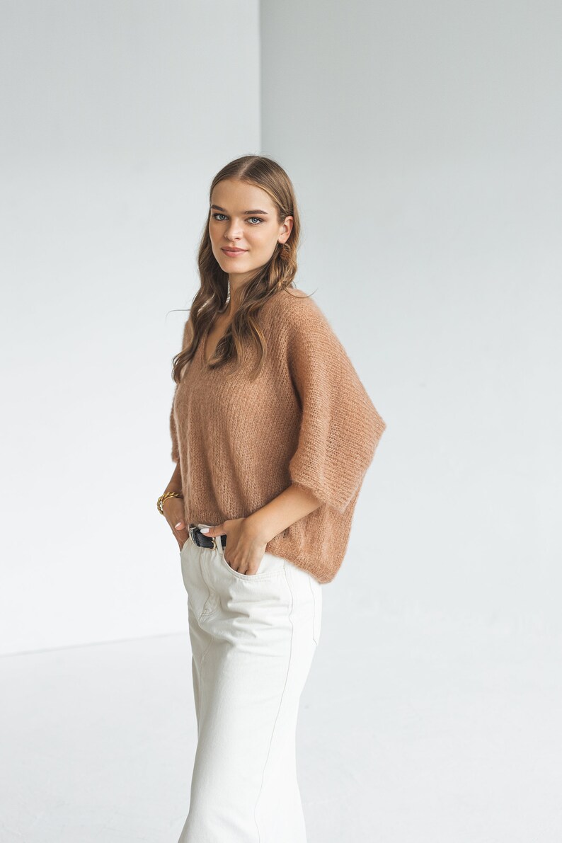 Camel brown knitted oversized mohair top, taupe almond cable knit women jumper, beige fluffy half sleeve sweater, sand lightweight blouse