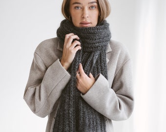 Gray cable knit mohair scarf, long oversized alpaca scarf, ribbed knit winter scarves, grey cowl scarf, man, woman, unisex, knitted shawl