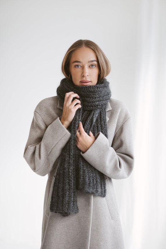 Gray Cable Knit Mohair Scarf, Long Oversized Alpaca Scarf
