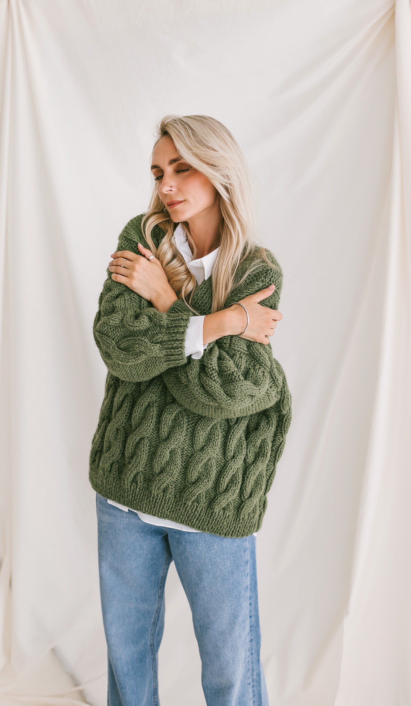 Green Oversize Alpaca Sweater, Chunky Forest Green Wool