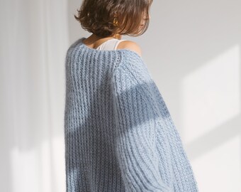Light Blue Cable Knit Mohair Cardigan, Oversized Sky Blue Light Blue Cable Knit Mohair Cardigan, Oversized Sky Blue