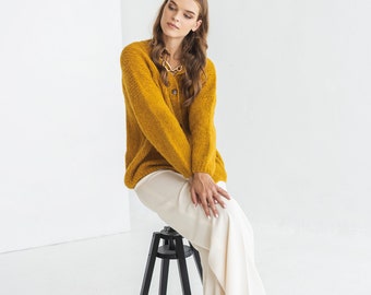 Mustard Yellow Alpaca Wool Cardigan With Buttons, Curry Cable Knit