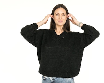 Black alpaca sweater, loose knit wool pullover, chunky oversize sweater, cable knit pullover