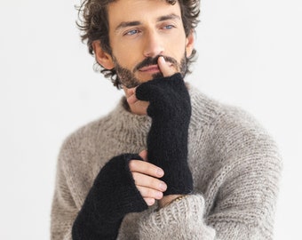 Black knitted fingerless mens mittens, cable knit alpaca wool gloves, pastel winter hand warmers, hand made wrist warmers for man, gift