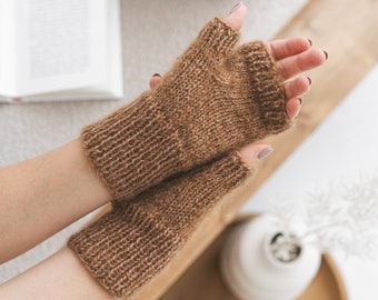 Brown mohair cable knit fingerless mittens, camel taupe women knitted gloves, handmade alpaca wool hand warmers, almond wrist warmer, gift