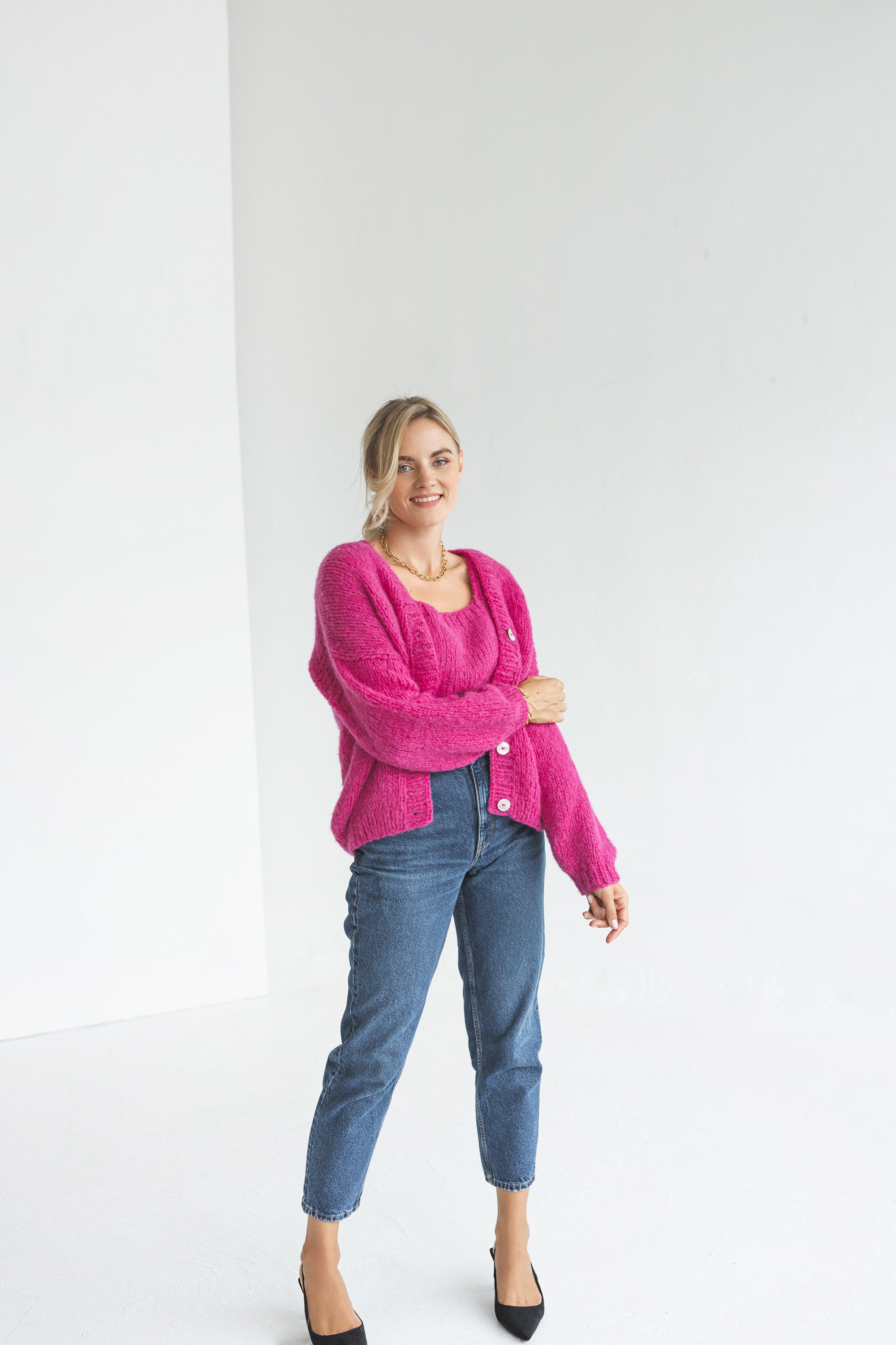Matching Cerise Pink Cable Knit Cropped Tank Top and Cardigan Set