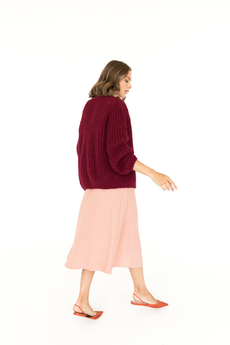 Burgundy color mohair cardigan, cable knit alpaca sweater, chunky knit alpaca cardigan, oversize mohair wool sweater, gift for women image 6