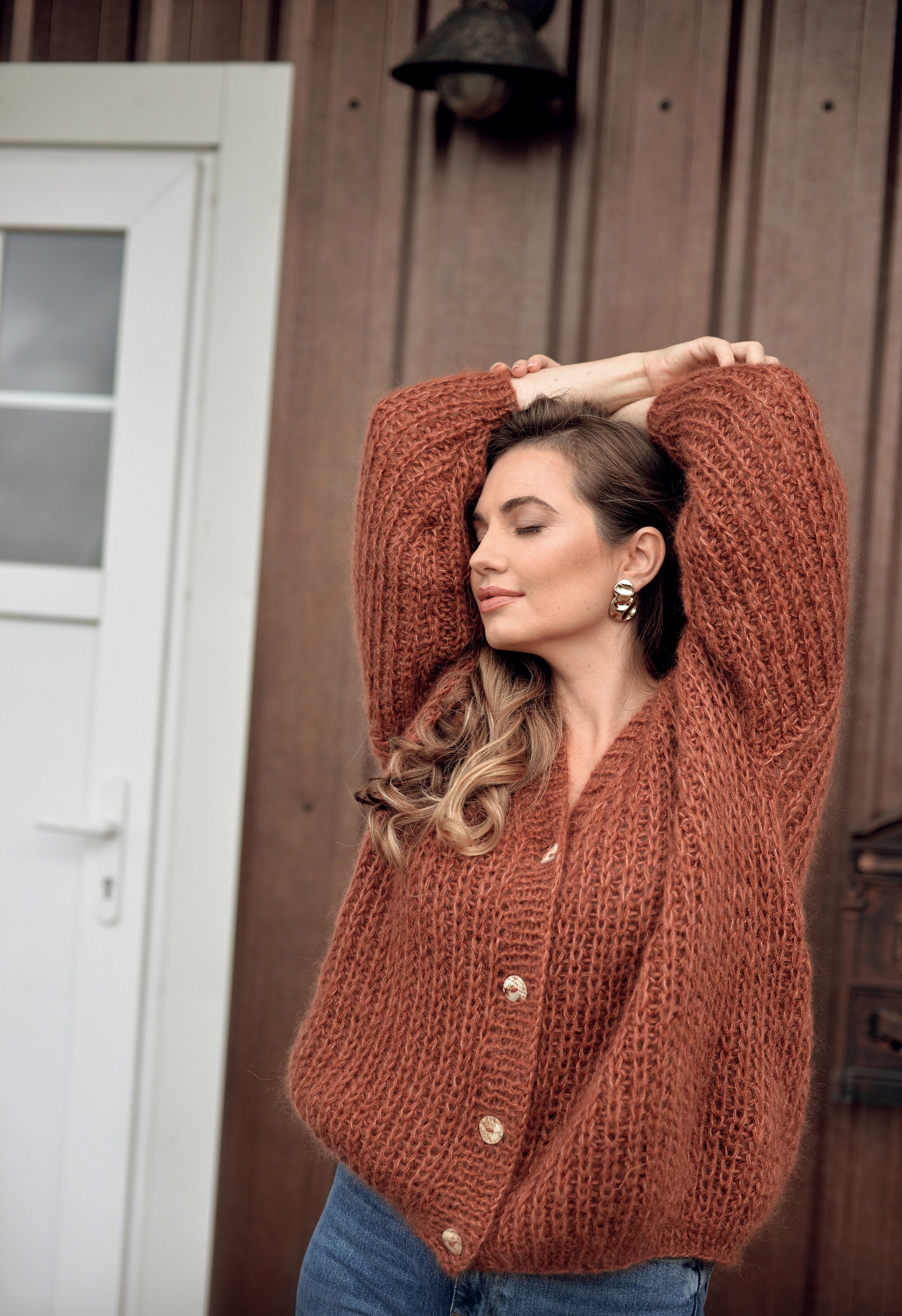 Rust Cable Knit Mohair Cardigan, Orange Fluffy Alpaca Blend Rust Cable Knit Mohair Cardigan, Orange Fluffy Alpaca Blend