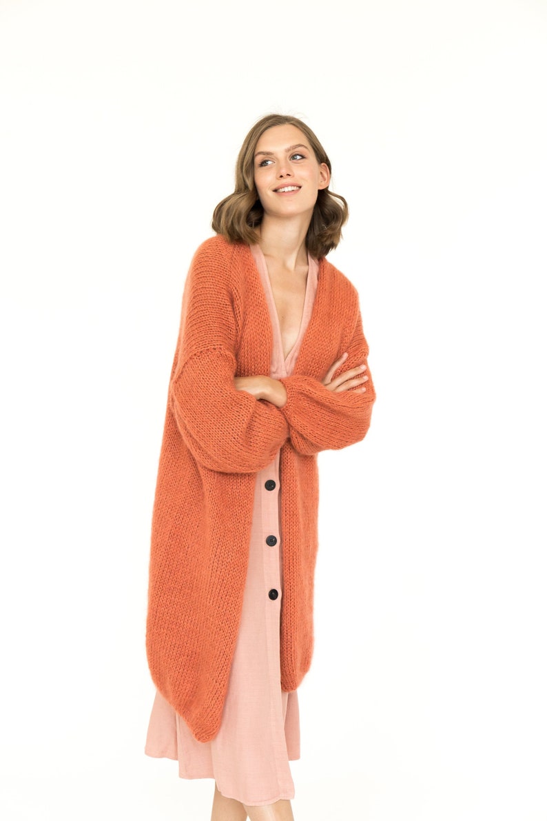 Burnt orange mohair cardigan, long cable knit sweater coat, strickjacke, chunky knit fluffy cardigan, lovely wool sweater image 2