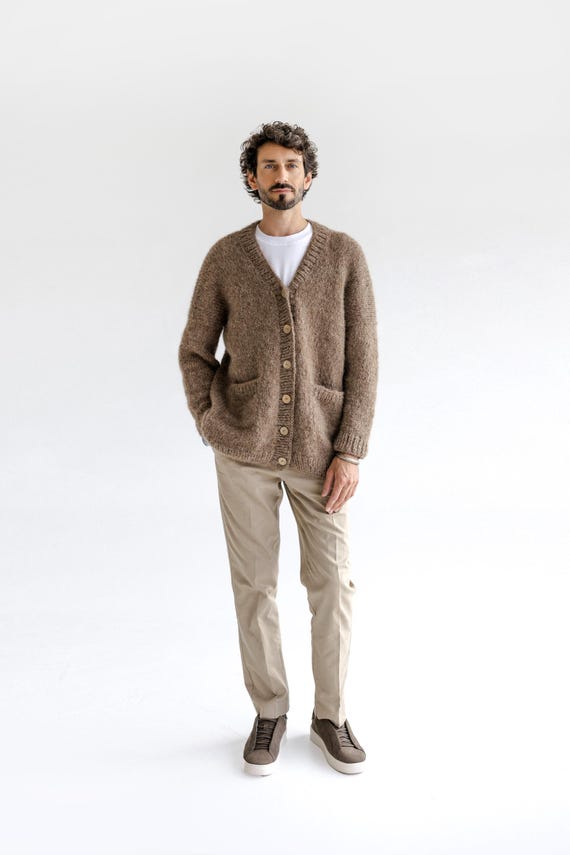 Men's Knitted Beige Alpaca Wool Cardigan, Light Brown Knit Sweater For Man, Handmade Almond Jacket With Buttons And Pockets, Taupe Sweater