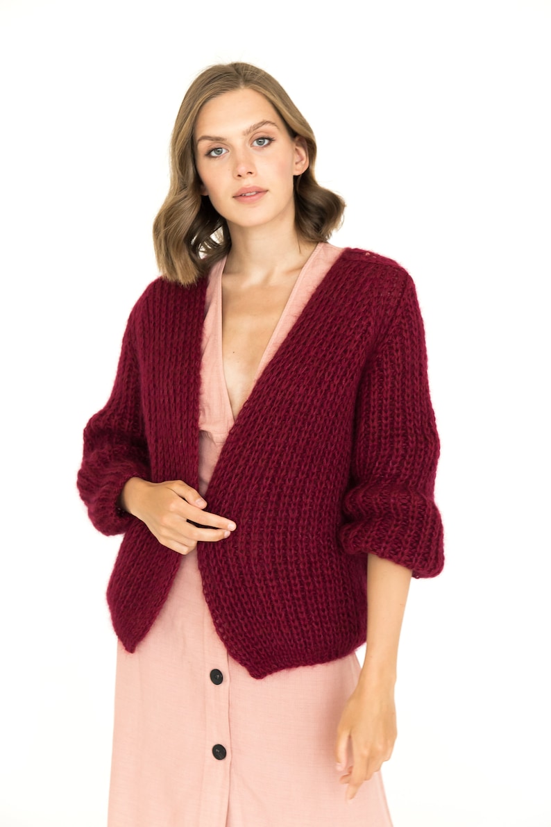 Burgundy color mohair cardigan, cable knit alpaca sweater, chunky knit alpaca cardigan, oversize mohair wool sweater, gift for women image 4