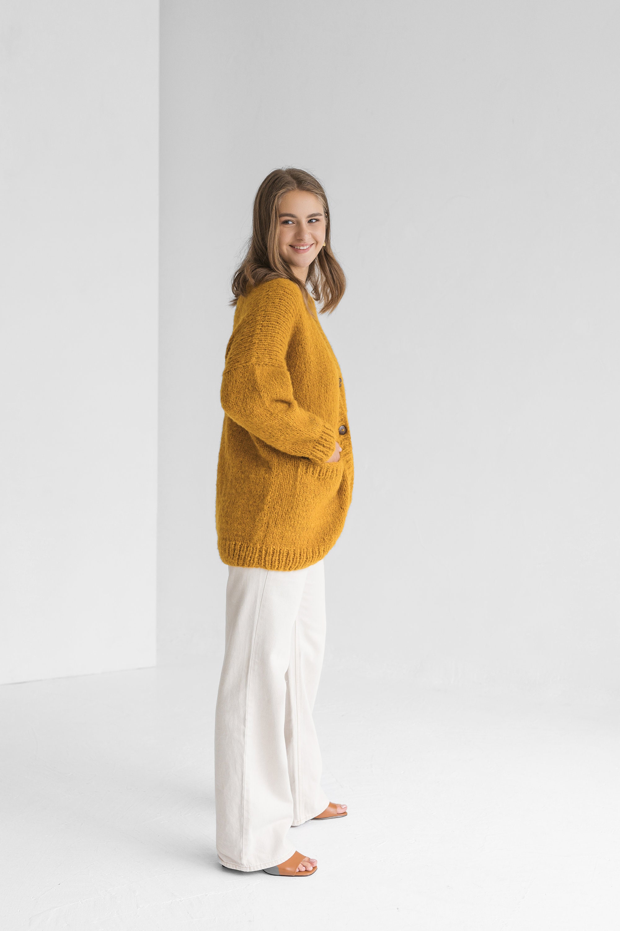 Yellow Cable Knit Alpaca Wool Cardigan With Buttons, Curry