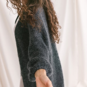 Long Dark Gray Mohair Cardigan, Chunky knit, Oversized Alpaca Wool Sweater, Fuzzy Boho Cardigan, Fluffy Grey Woman Jacket, Balloon Sleeves image 6