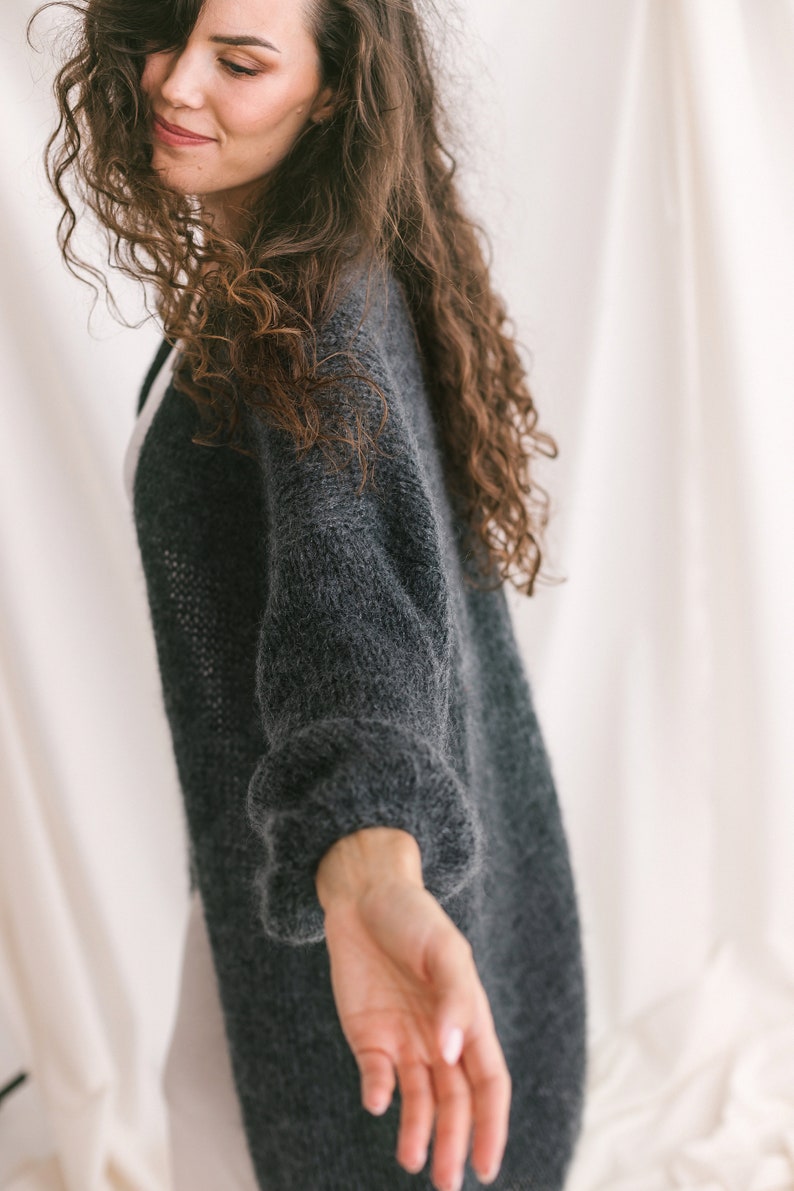 Long Dark Gray Mohair Cardigan, Chunky knit, Oversized Alpaca Wool Sweater, Fuzzy Boho Cardigan, Fluffy Grey Woman Jacket, Balloon Sleeves image 6