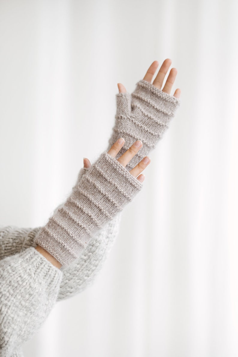 Gray mohair fingerless gloves, grey cable knit mittens, dark gray hand warmers, alpaca wool fingerless winter wrist warmers, long mittens image 4