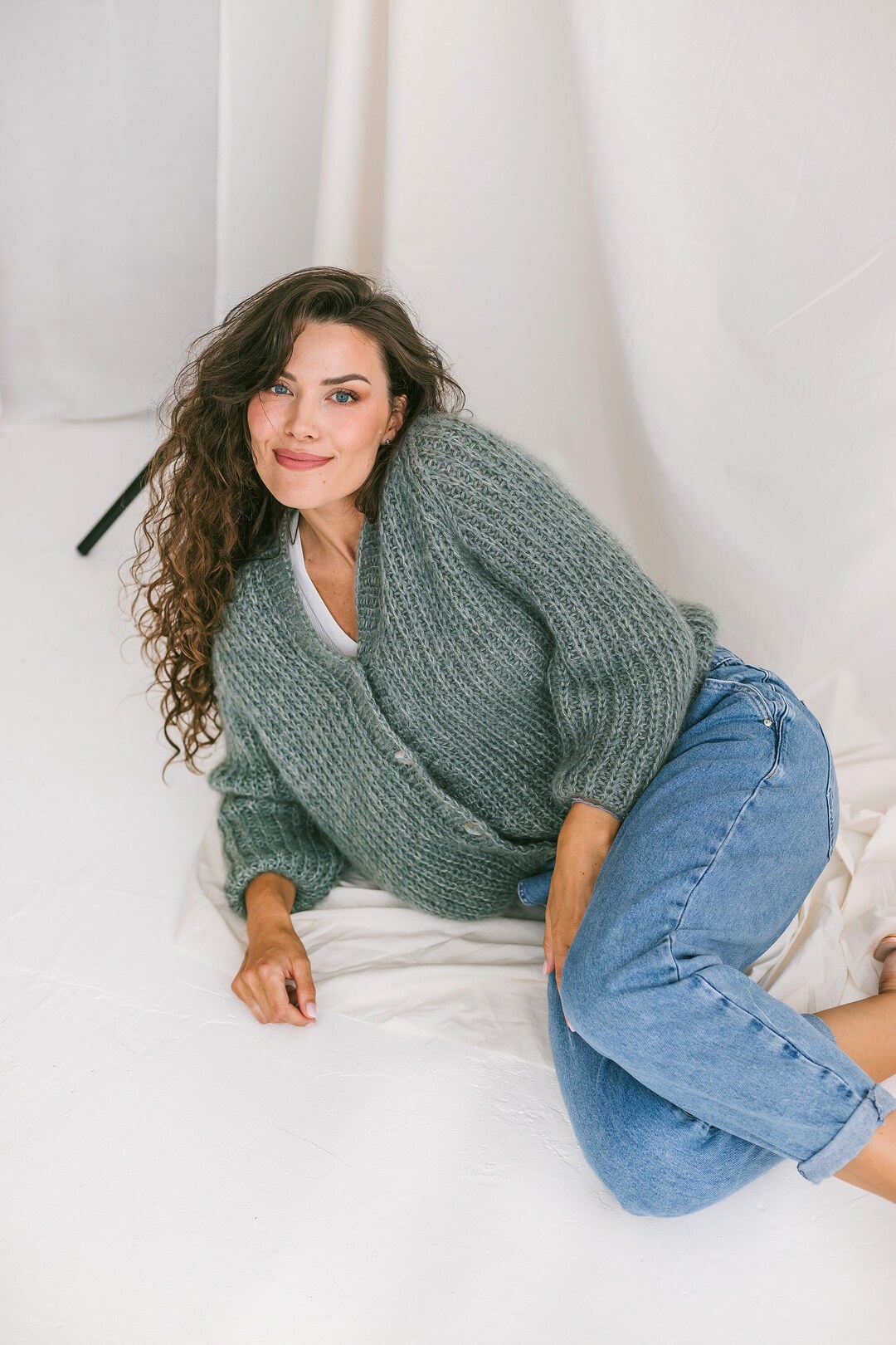 Sage Green Mohair Cardigan With Buttons, Alpaca Wool and Sage Green Mohair Cardigan With Buttons, Alpaca Wool and