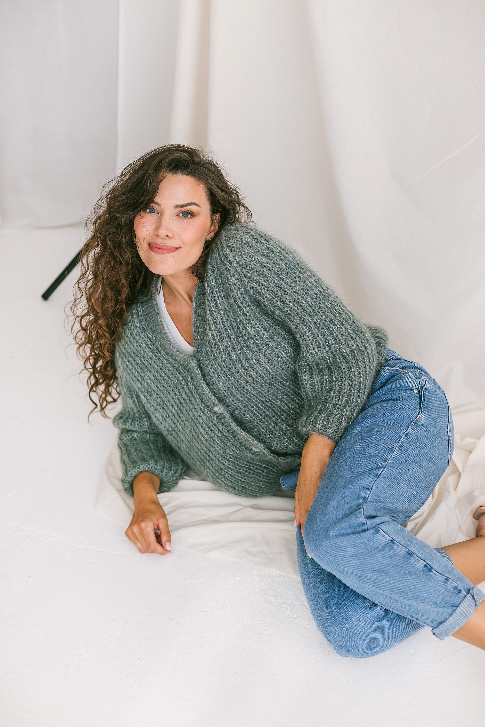 Sage Green Mohair Cardigan With Buttons, Alpaca Wool and Sage Green Mohair Cardigan With Buttons, Alpaca Wool and