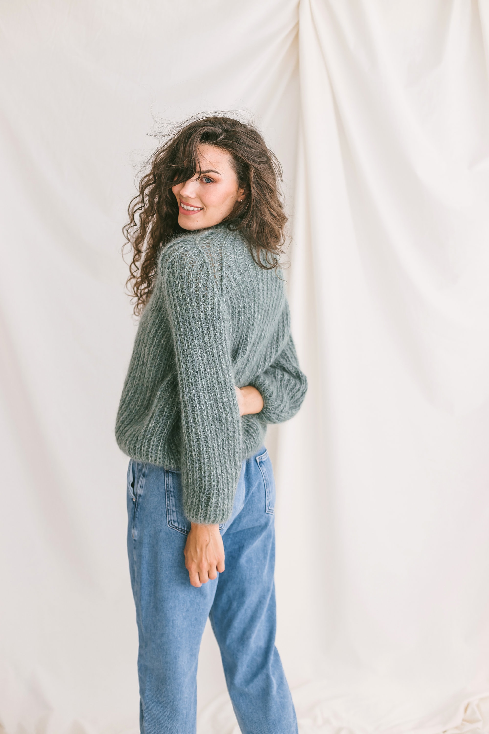 Sage Green Mohair Cardigan With Buttons, Alpaca Wool and