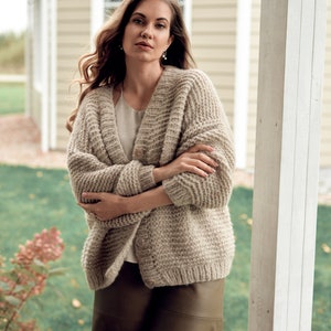 Beige alpaca wool cable knit cardigan with buttons, chunky knitted oversized sweater with balloon sleeves, jacket for women