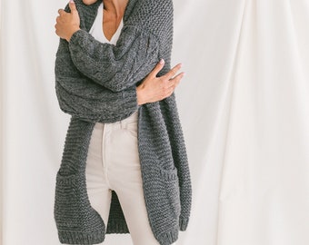 Gray Oversized Alpaca Cardigan, Chunky Knit Cardigan With Pockets, Cable Knit Women Sweater, Loose Wool Cardigan, Oversize Sweater In Grey