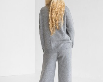 Gray Loungewear Knitted Merino Wool Wide Leg Pants for Women, Grey