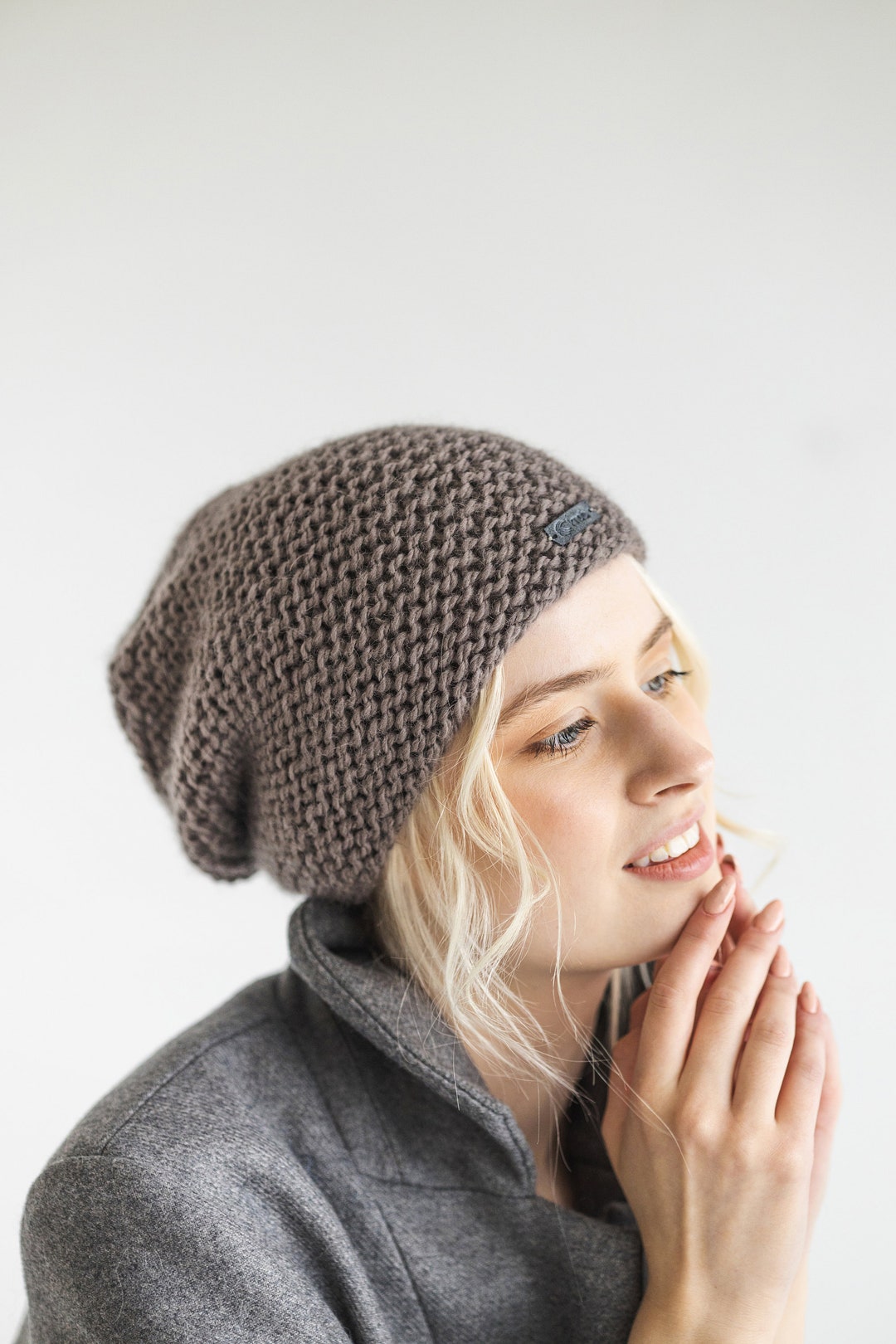 Alpaca Slouchy Knit Beanie Hat - Taupe fleece lined Slouch Alpaca Beanie – USA-made alpaca beanie hat – Fluff Alpaca main image 4