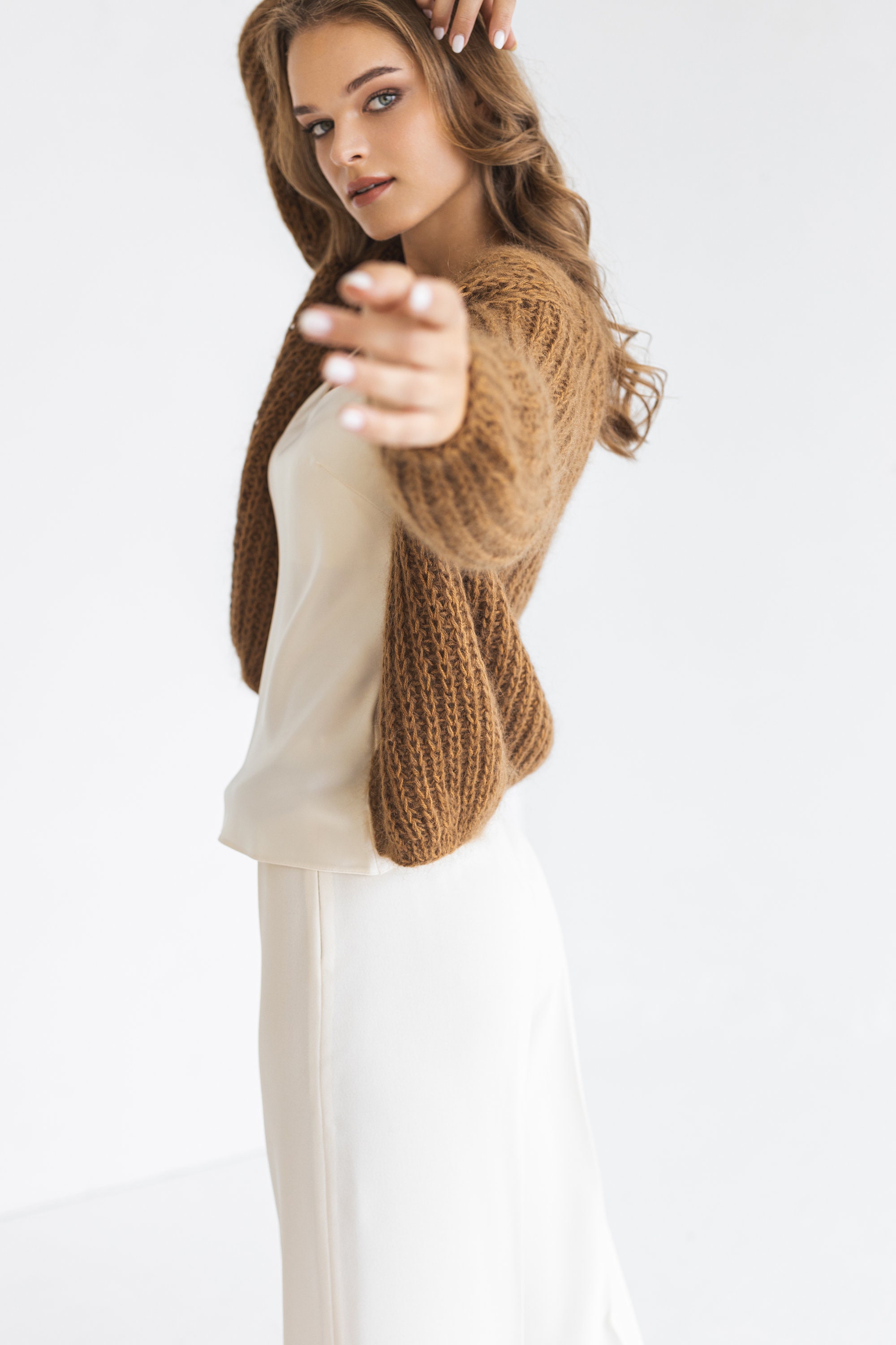 Camel Mohair Cardigan, Brown Chunky Knit Alpaca Wool Blend Sweater