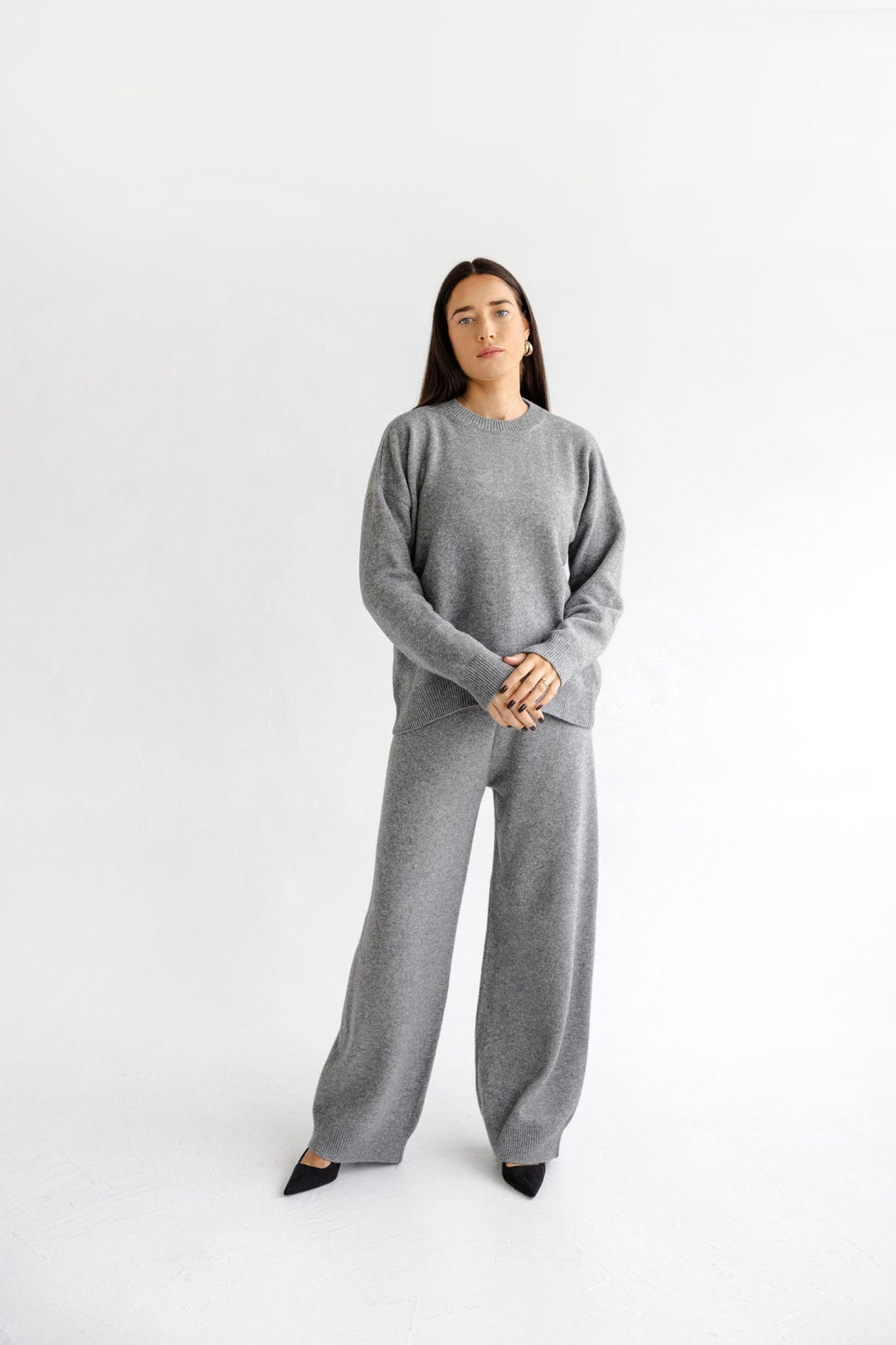 Buy Gray Loungewear Knitted Merino Wool Wide Leg Pants for Women