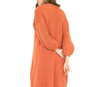 Burnt orange mohair cardigan, long cable knit sweater coat, strickjacke, chunky knit fluffy cardigan, lovely wool sweater image 6