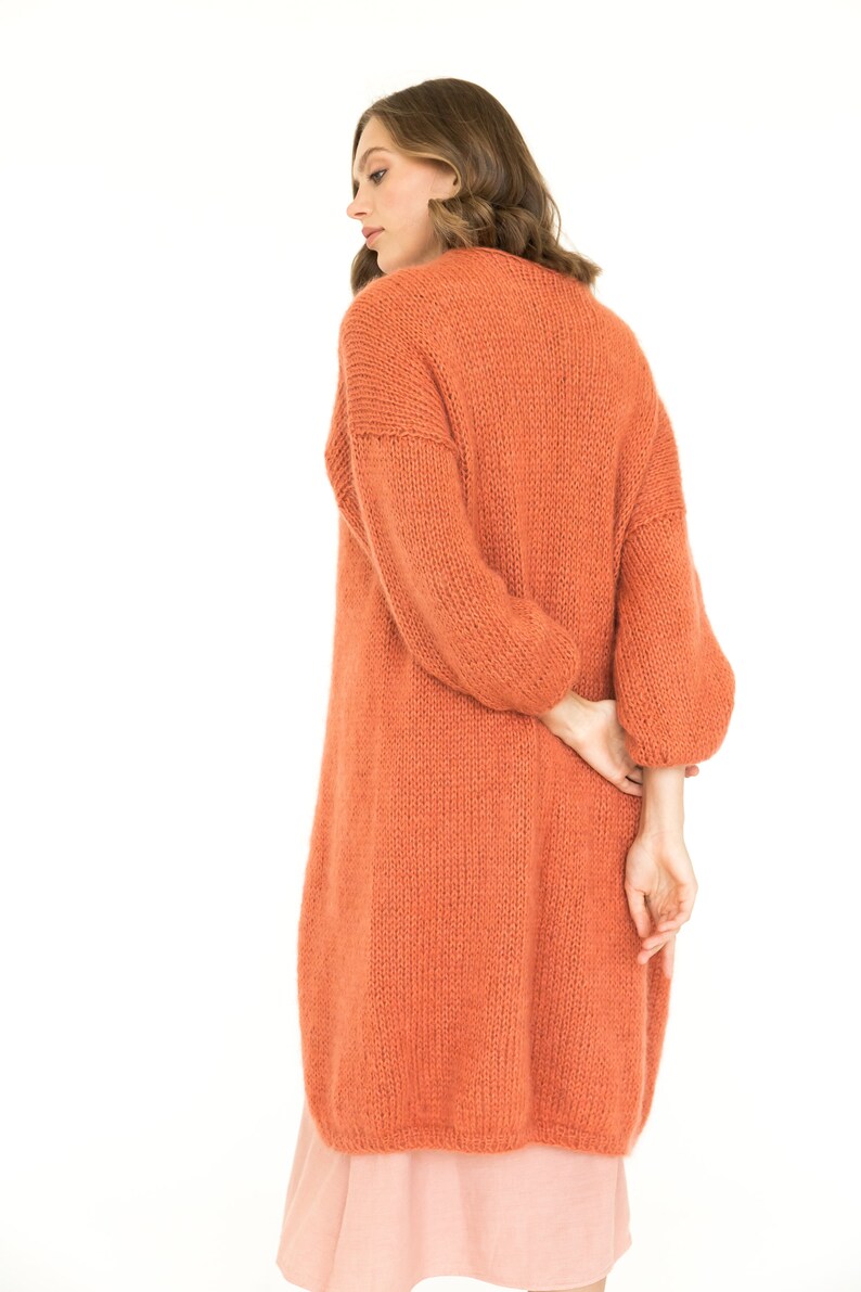 Burnt orange mohair cardigan, long cable knit sweater coat, strickjacke, chunky knit fluffy cardigan, lovely wool sweater image 6