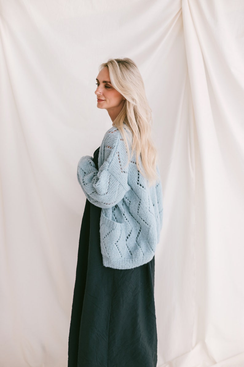 Light blue alpaca cardigan, knitted oversize sweater, cable knit sky blue cardigan, balloon sleeves, pastel lightweight boho loose cardigan