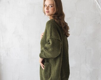 Green Chunky Knit Wool Cardigan With Pockets and Buttons, Army