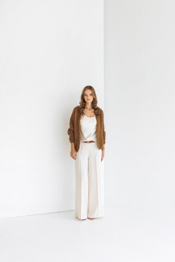 Camel Mohair Cardigan, Brown Chunky Knit Alpaca Wool Blend Sweater