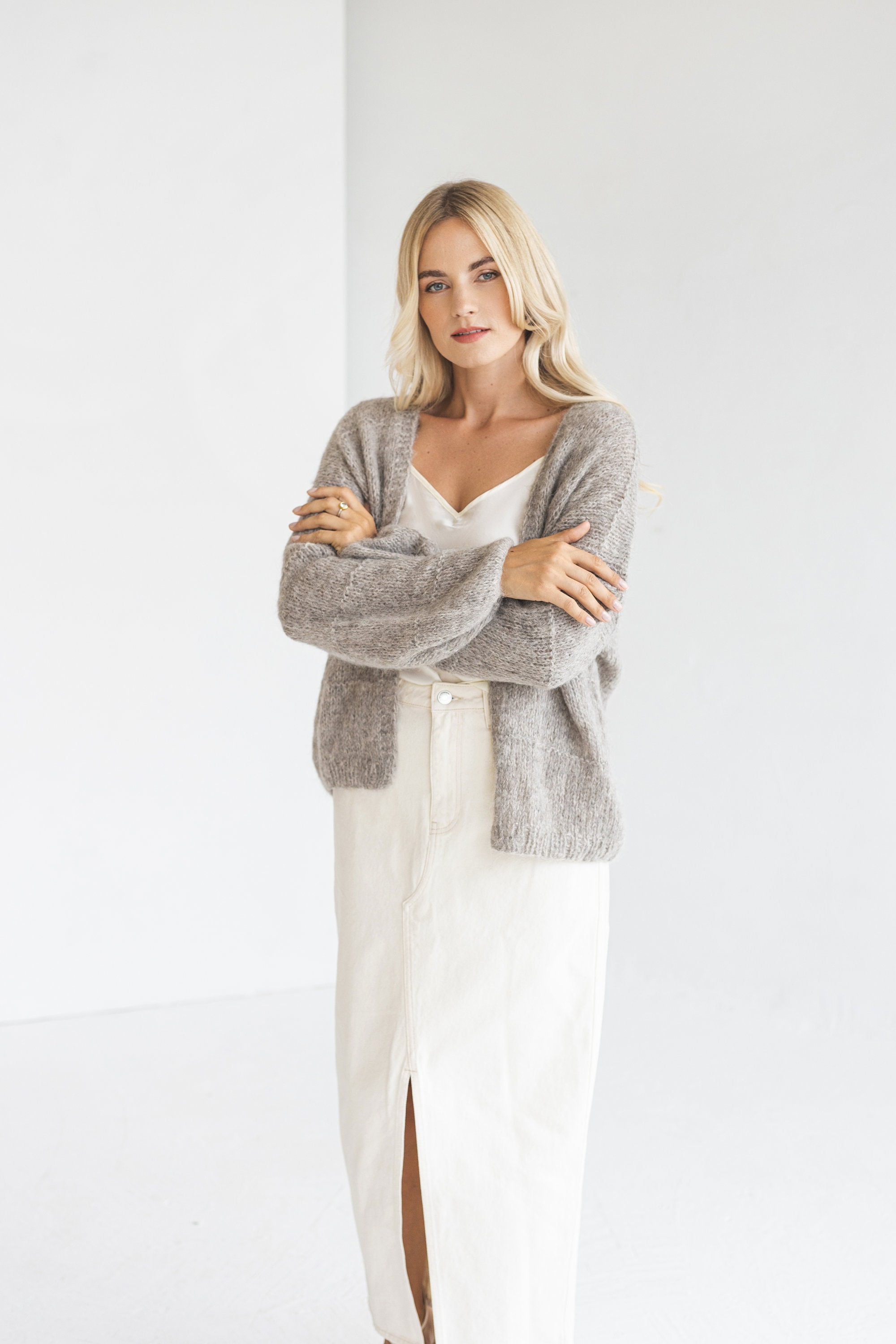 Gray Alpaca Wool Cardigan, Grey Cable Knit Lightweight Sweater
