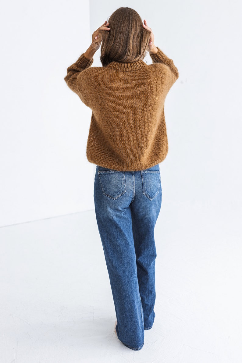 Camel brown mohair knitted fluffy sweater, taupe alpaca wool blend jumper, caramel fuzzy cable knit pullover, slightly oversized thick pull image 5