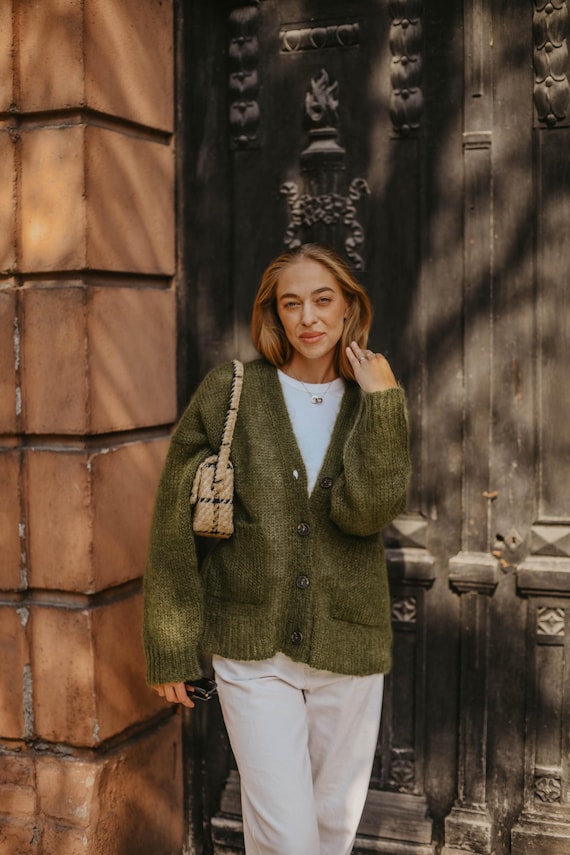 Green Fluffy Mohair Cardigan With Buttons and Pockets - Etsy