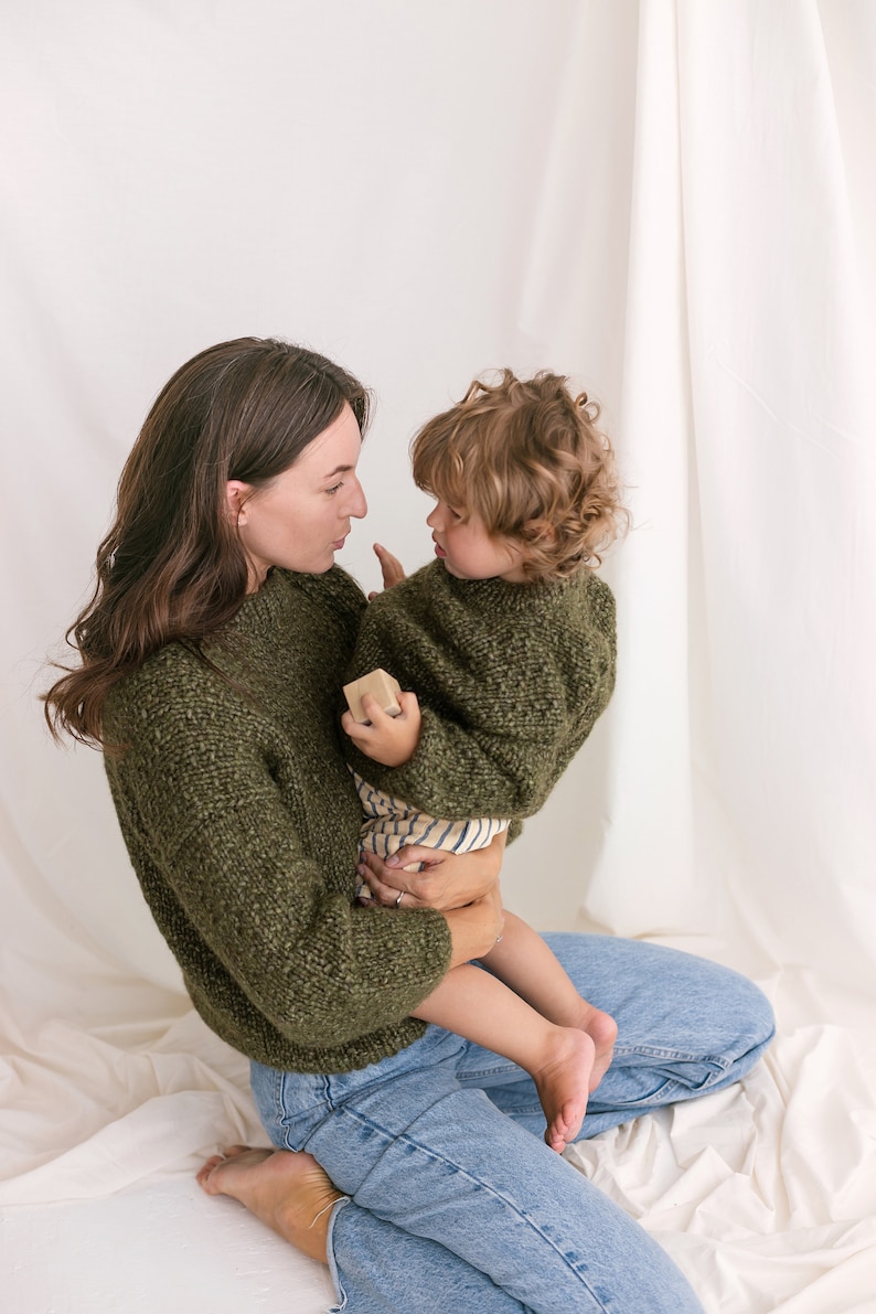 Matching Mommy and Me Cable Knit Sweaters, Olive Green Me & Mini Me Jumpers, Soft Mini Me Matching Toddler Pullover, Alpaca Mummy Son Jumper image 1