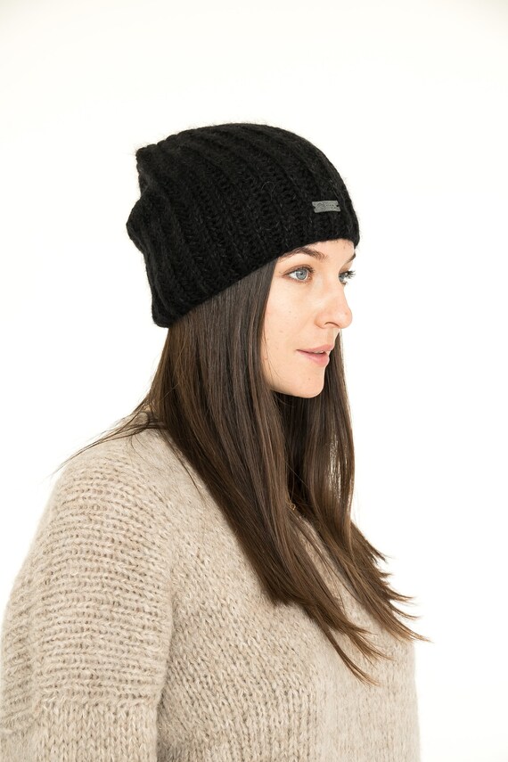 Black Wool Hat Cable Knit Hat Slouchy 
